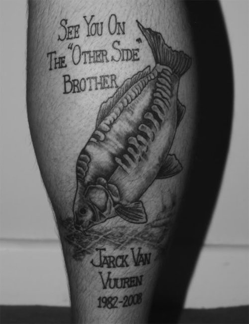 Grey Ink Memorial Carp Fish Tattoo On Back Leg